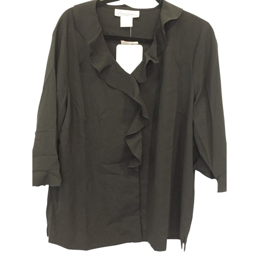 Silhouettes Ruffled V Neck Blouse Womens Size 16W Black 3/4 Sleeve NWT